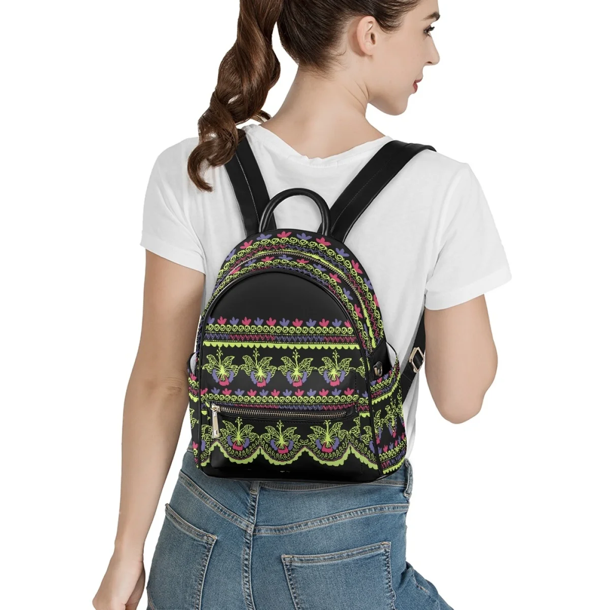 New Fashion Women Backpack Polynesian Tribal Plumeria Hibiscus Print PU Leather Backpack for Teenage Girls 6