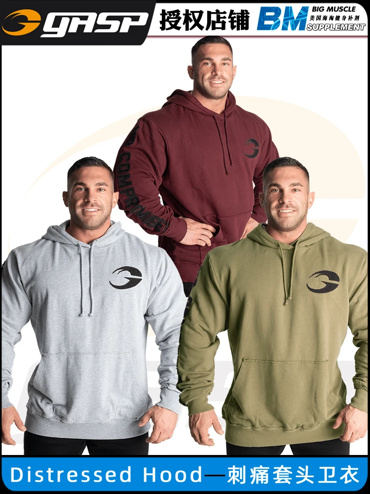 

Gasp Sweatshirt Distressed Hood Fitness Pullover With Drawstring Hoodie Embroidered Logo Pure Cotton Thermal Training Clothing