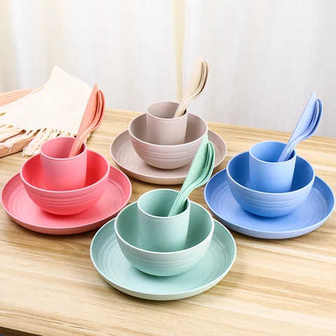 6 pçs conjunto de talheres de palha de trigo talheres de mesa conjunto de louça amigável eco unbreakable pratos de acampamento conjunto de louça