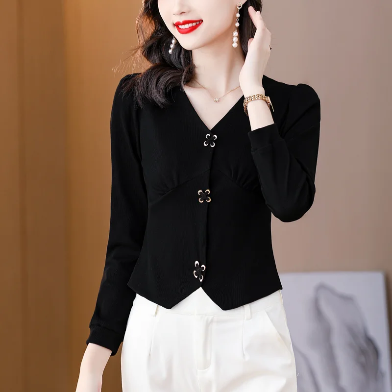 

#1627 Black White Short Irregular T Shirt Women Elastic Cotton V-neck Slim Sexy Long Sleeve T Shirt Women Female Korean Style