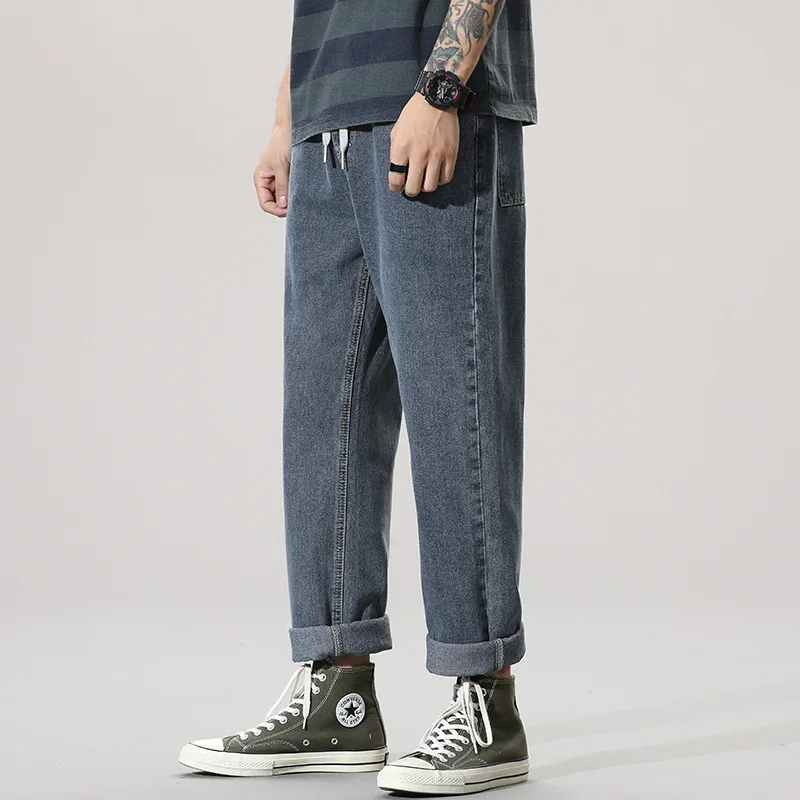 Jeans Men Autum Summer Baggy Thin Street Ruffian Handsome Loose Pants Straight Drop Vintage Denim Distressed  Blue Elastic Waist