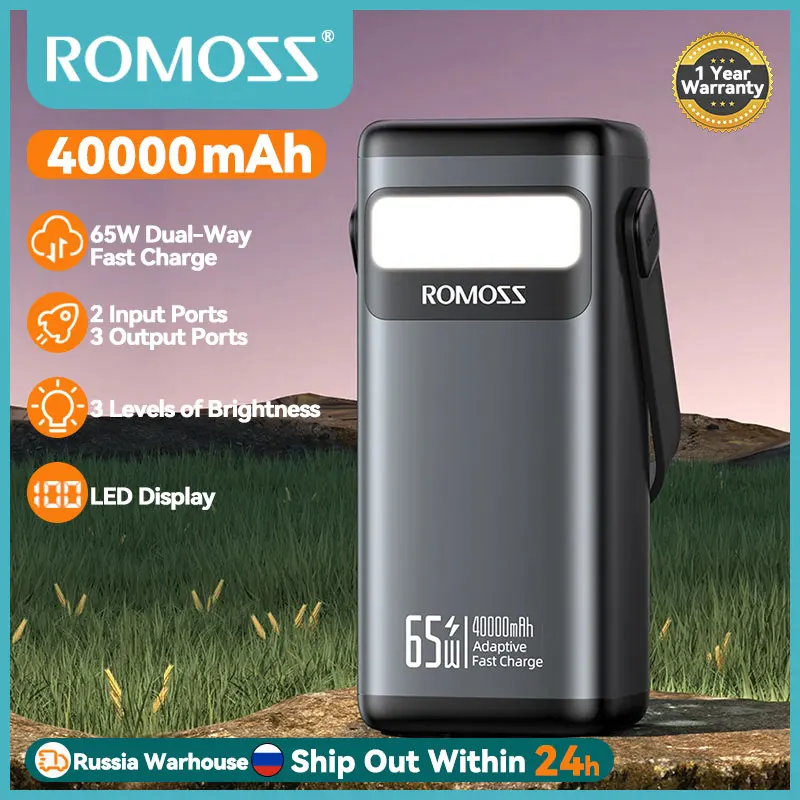 

ROMOSS PMT40 40000 мАч Power Bank 65Вт быстрой зарядкой повер банк 40000мАч внешний аккумулятор зарядное устройство For Xiaomi 14 Xiaomi 13 iphone 15 смартфон ноутбук