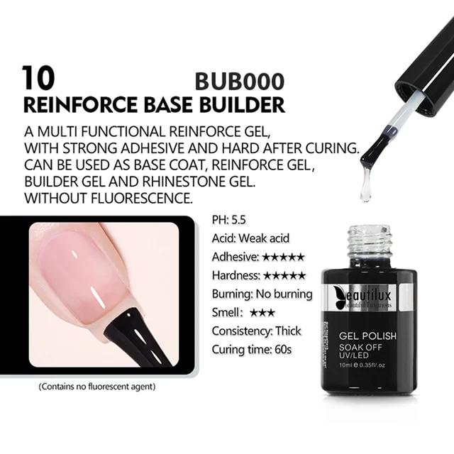 Beautilux Primer Rubber Base Top Coat Velvel Matte Top Coat Nail Art Degisn Clear Blossom Blooming Gel Foil Transfer Gel 10ml Reinforce Base