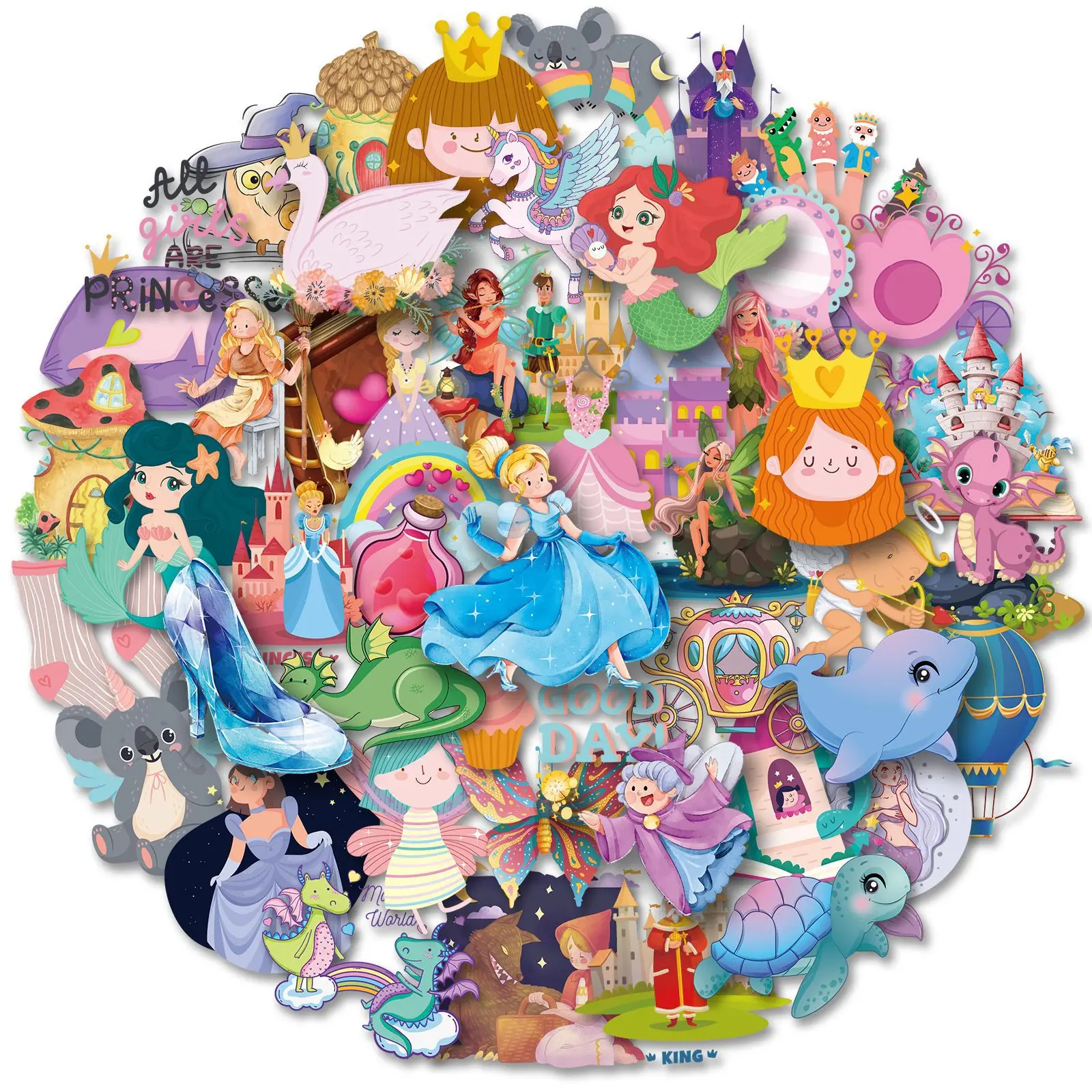 

50pcs Children's Fairy Tale Stickers Princess Mobile Phone Decorative Stickers Luggage Scooter Helmet Waterproof Stickers