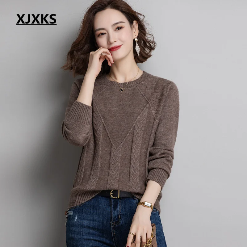 

XJXKS Round Neck Long Sleeve Women's Sweater 2022 Autumn Winter New High Quality Wool Knitted Pullover Solid Color All-match