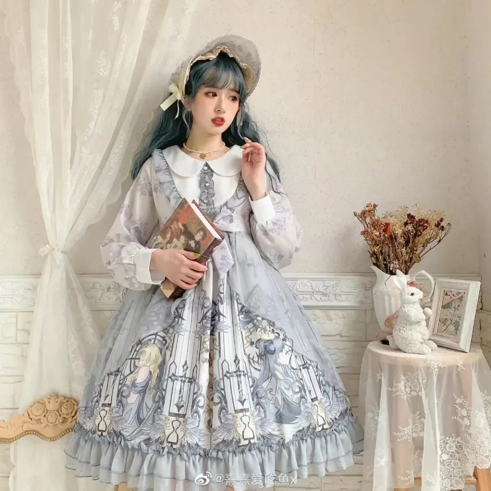 

Japanese Sweet Lolita Dress Women Elegant Vintage Printed Ruffles Cover Yarn Fairy Dress Victorian Harajuku Long Sleeve OP Dress