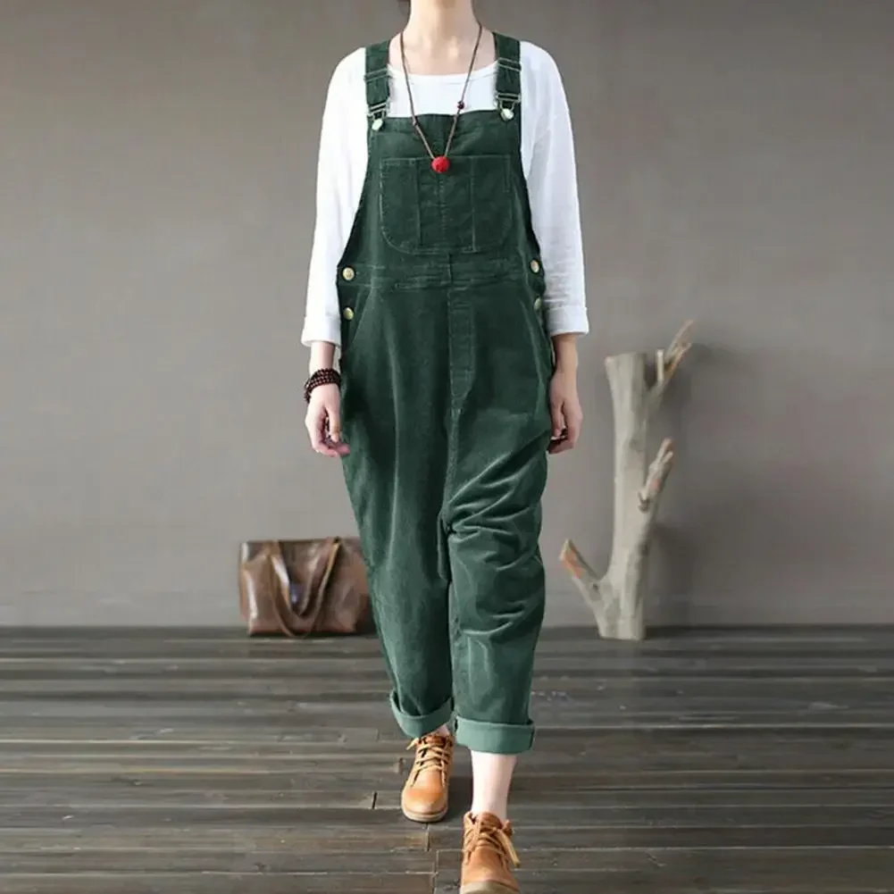 2024 Winter Corduroy Jumpsuit Women Wide Leg Overalls Solid Color Loose Sleeveless Wide Leg Jumpsuit Combinaison Femme