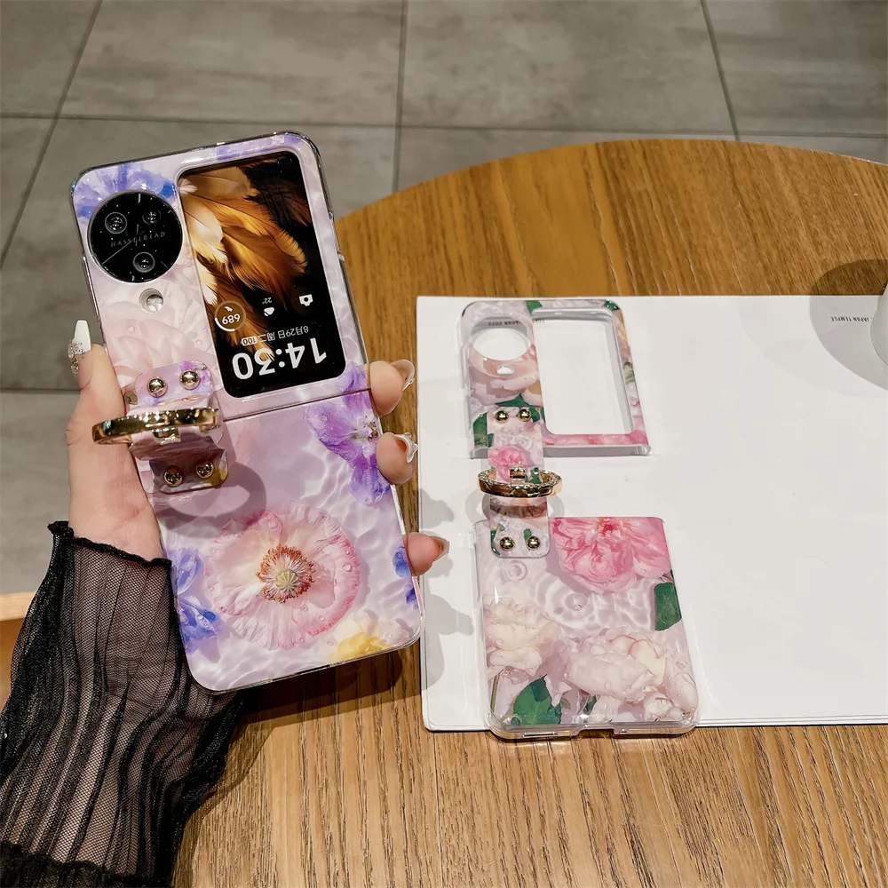 Ring Blue-ray Flower Phone Case For OPPO Find N2 N3 Flip PC Protective Shell Cover
