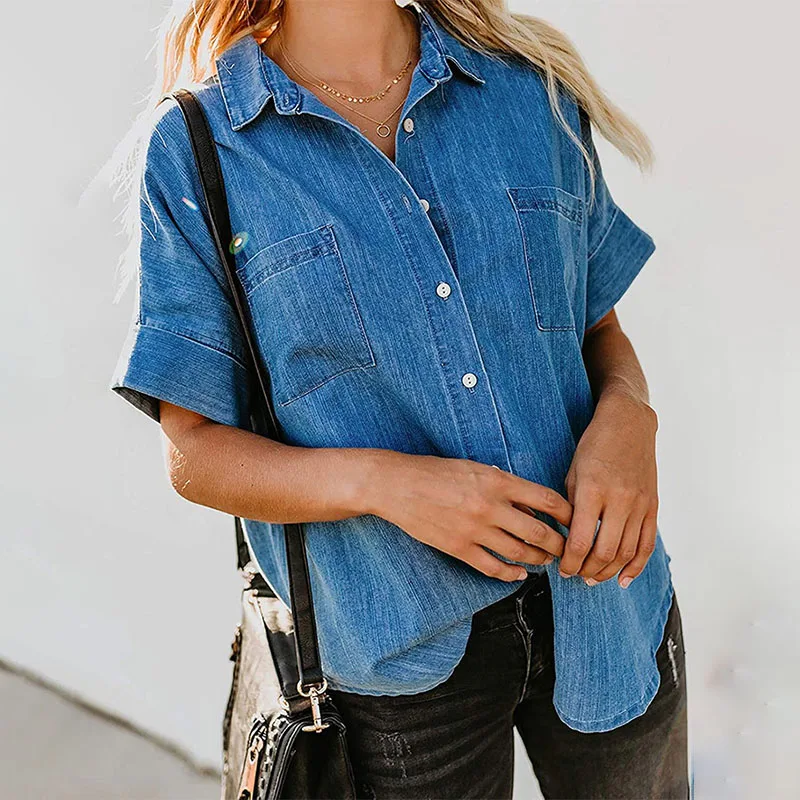Solid Casual Loose Denim Shirts For Women Fashion Summer Vintage Women
