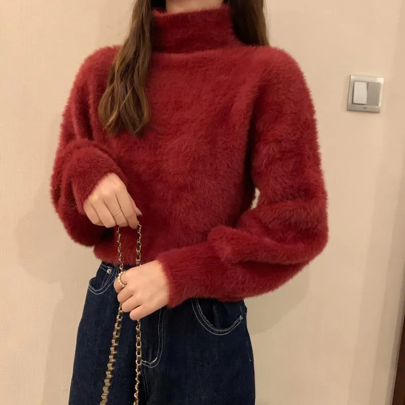N3 2025 Winter Imitate Mink Wool Hot Fleecing Female Turtleneck Elastic Casual Sweater Women Knitted Tops Pullovers Soft  Warm
