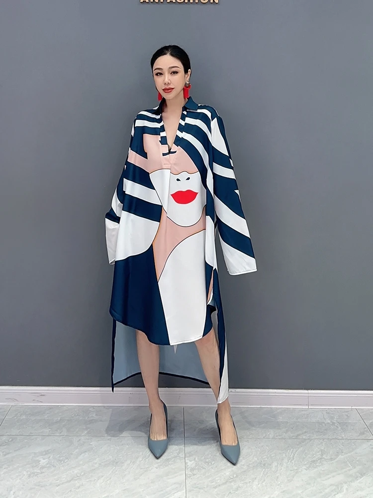 

New summer 2023 women dress shirt long chiffon printing colours v-neck long-sleeve dovetail tide high street leisure big yards