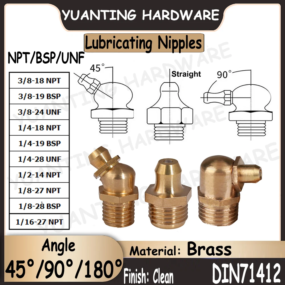 1 pezzo-5 pz 45 ° 90 ° dritto NPT BSP UNF filettatura ottone lubrificante capezzolo s cono tipo idraulico rame ingrassatore raccordi