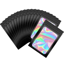 

50pcs Black Smell Proof Mylar Bags Holographic Packaging Bags, Resealable Ziplock Opp Bags Foil Pouch Bags for Jewelry Packaging