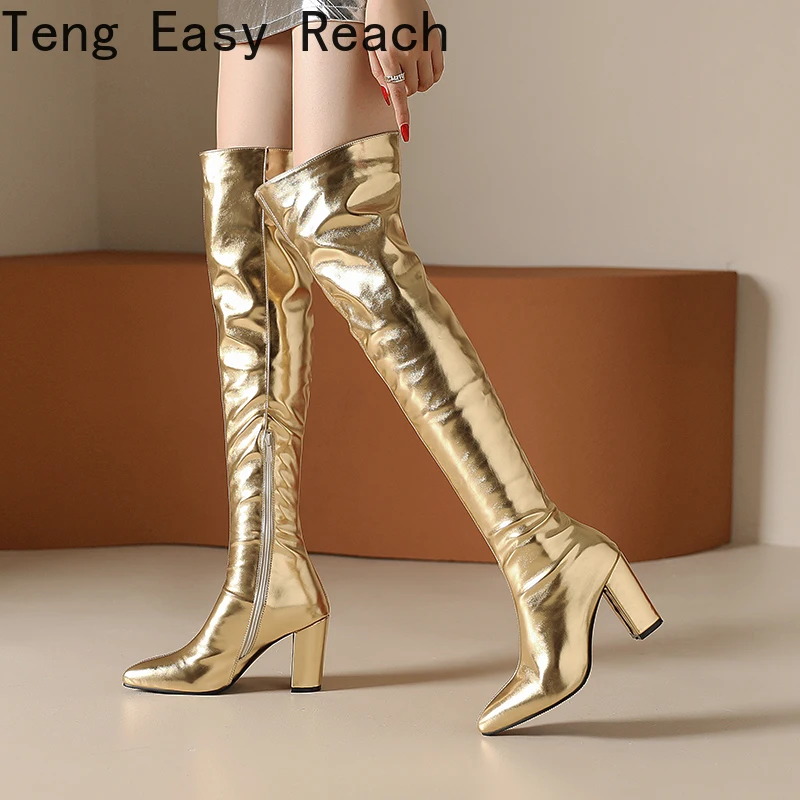 

New Women's Sexy Over-the-knee Boots Fashion Pointy Zipper High Boots Gold Silver Sizes 32-46