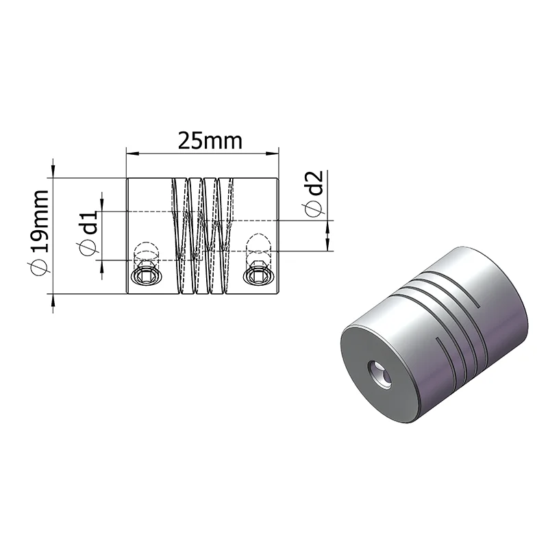 QUARKZMAN 2 stuks asverbindingen van aluminiumlegering 5 mm tot 10 mm L25 x D19 flexibele balkkoppeling voor 3D-printer, CNC-machine, doe-het-zelf encoder en motoras, zilver