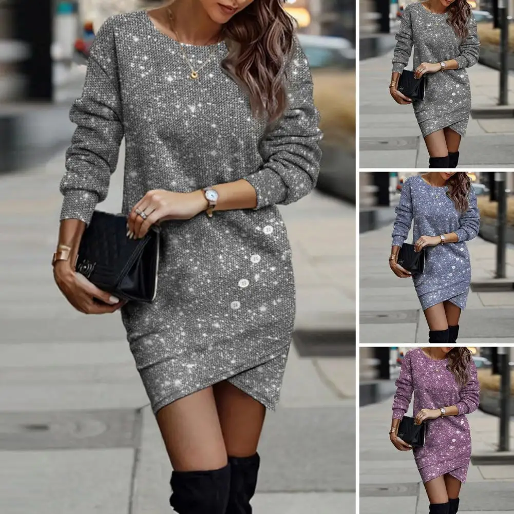 

Women O-Neck Long Sleeve Knitted Sweater Dress Autumn Winter Elastic Knitwear Party Dresses