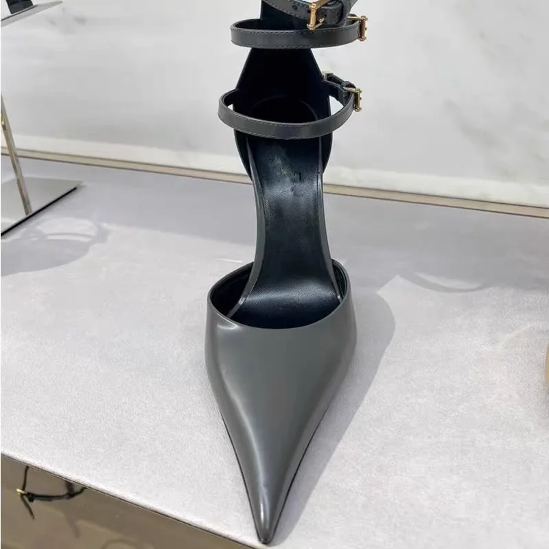 Metal Stiletto Heel Pointed Toe Patent Leather Hollow Shallow Mouth Sandals Foreign Trade Cross-Border Belt Buckle Single Shoes