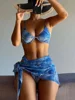 Bikini de 3 piezas con realce para mujer, traje de baño de moda con falda, conjunto de Bikini Sexy, traje de baño con estampado de mármol, ropa de playa de verano