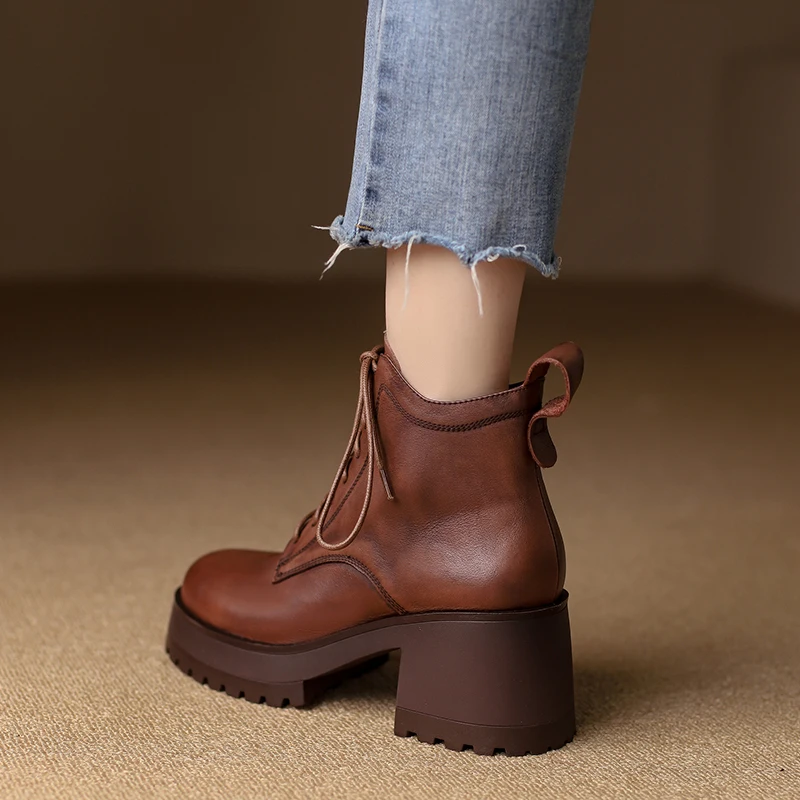 

2024 Autumn/Winter Women Boots Women Shoes Round Toe Thick Heel Women Modern Boots Heels Platform Boots Genuine Leather Retro