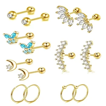 1/7Pairs Stainless Steel Unisex Cartilage Stud Earrings,Inlay Cubic Zirconia Hypoallergenic Piercing Jewelry for Daily Wear