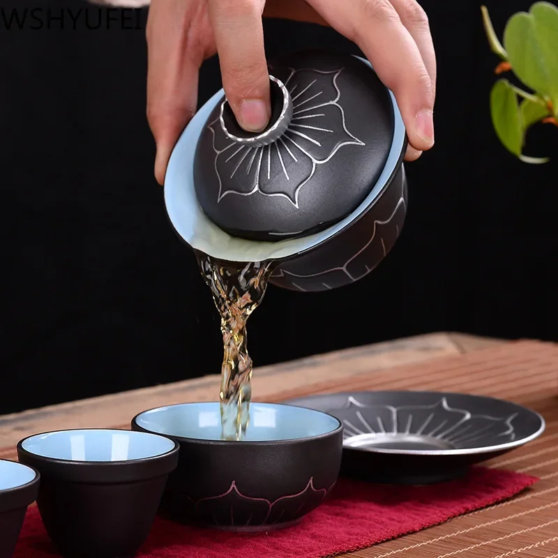WSHYUFEI Chinese style Hand Made cover bowl tea set ceramics Tea cup gaiwan tea pot Travel teaset Home Office Tea Bowl 140ml