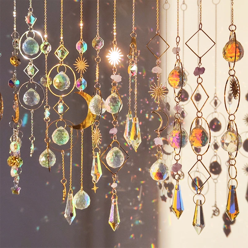 Golden Hanging Crystal Pendant Garden Suncatcher Rainbow Prism Wind Chimes Crystal Chain for Window Christmas Tree Home Decor