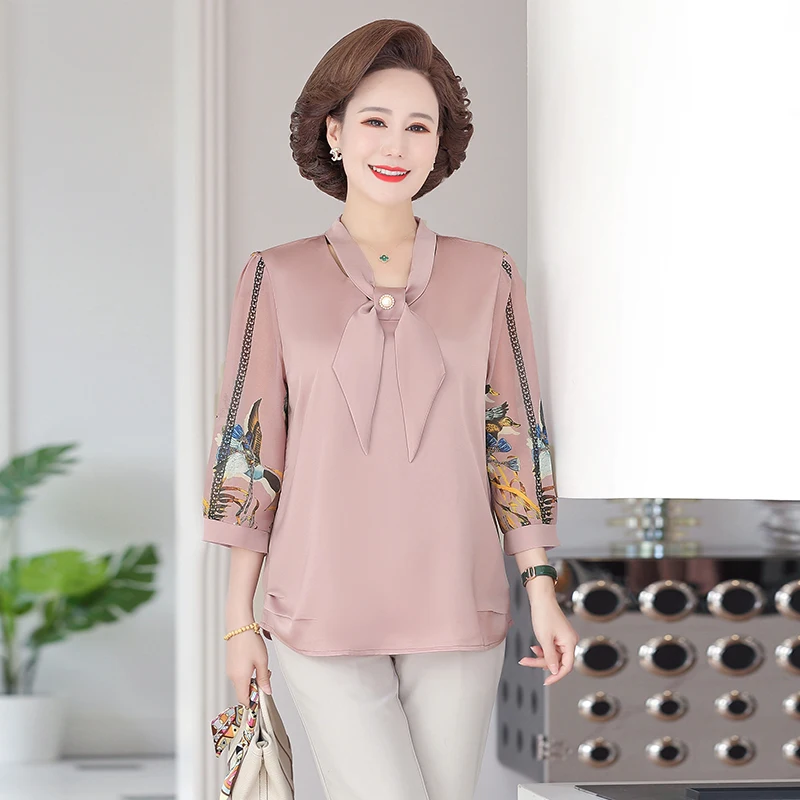 

Summer Middle Aged Women's Shirt Print Blouses for Women Short Sleeve Tops Female Bow Tie Neck Blouse Female Basic Shirts