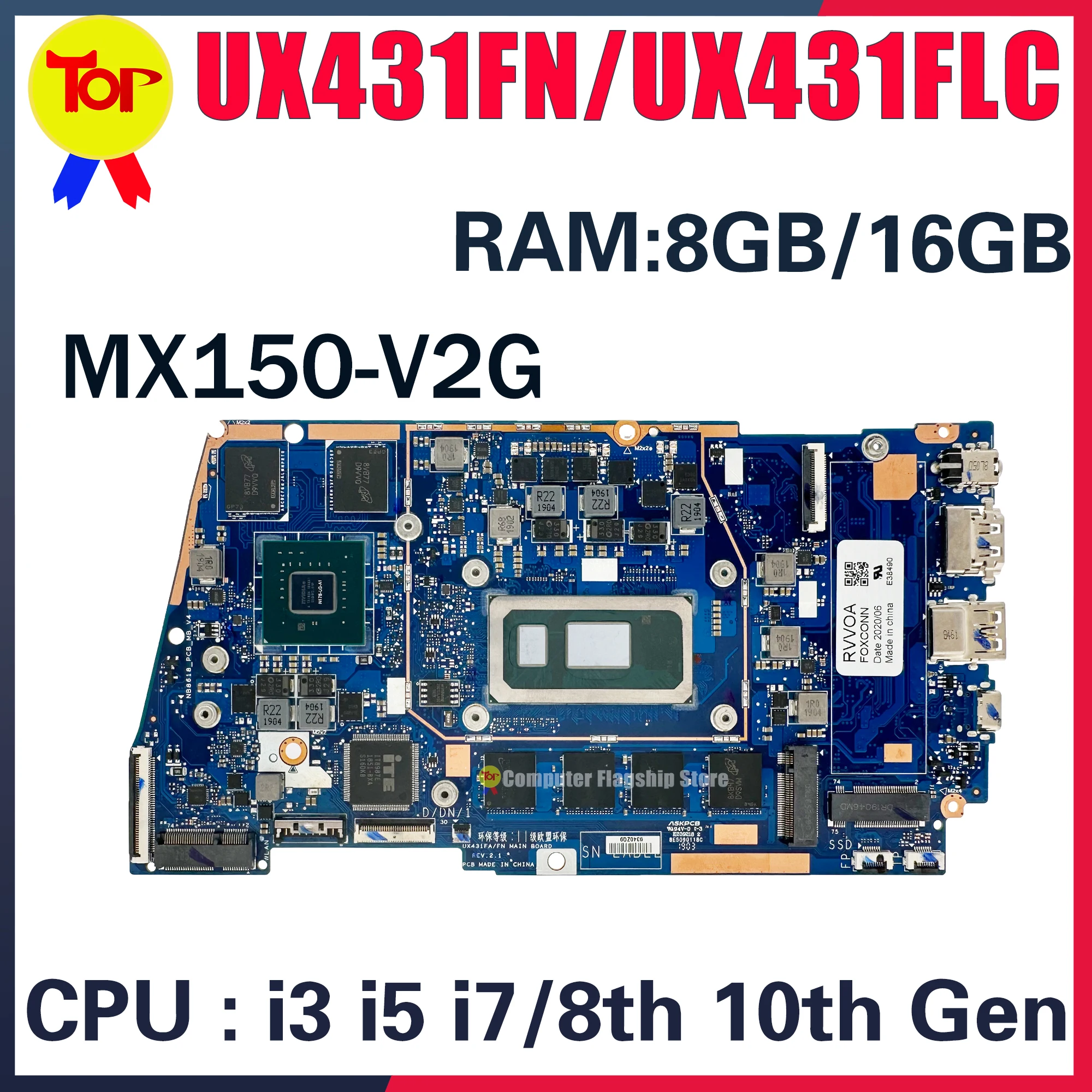 KEFU UX431FN Mainboard For ASUS UX431FL UX431FLC UX431FA UX431 UX431F Laptop Motherboard I3 I5 I7-8th/10th 4G/8G/16G V2G