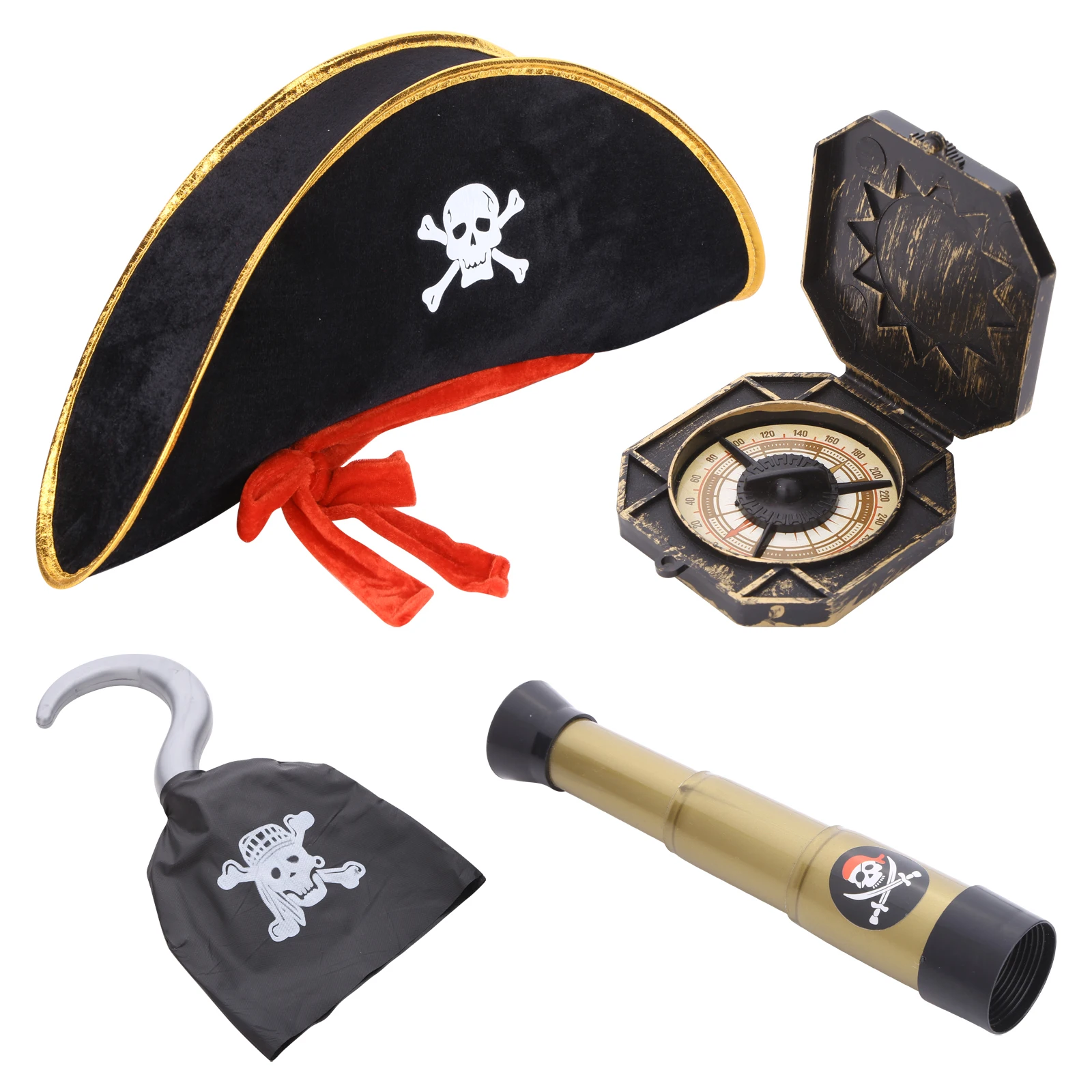 

5Pcs Pirate Captain Role Play Costume Accessories Skull Print Waistcoat Velvet Hat Eye Patch Telescope Hook Set Halloween Props