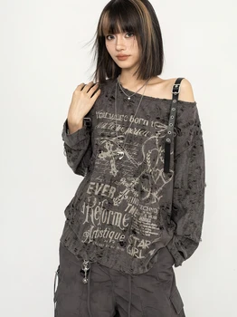 Y2k Long sleeve T shirt Women Off shoulder Oversize Tops Female Spring Autumn Vintage Holes Basic Tees Streetwear Chic 1