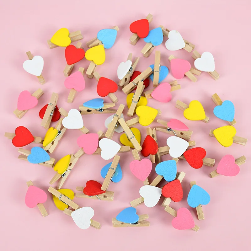 

50pcs Heart Wooden Clips Red Love Heart Clothes Photo Paper Peg Pin Mini Clothespin Postcard Clips Home Wedding Party Decoration