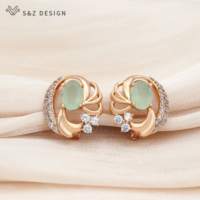 S & Z Design New Fashion Egg Shape Green Crystal Ciondola Gli Orecchini Per Le Donne Wedding 585 Rose Gold Color Cubic Zirconia Jewelry