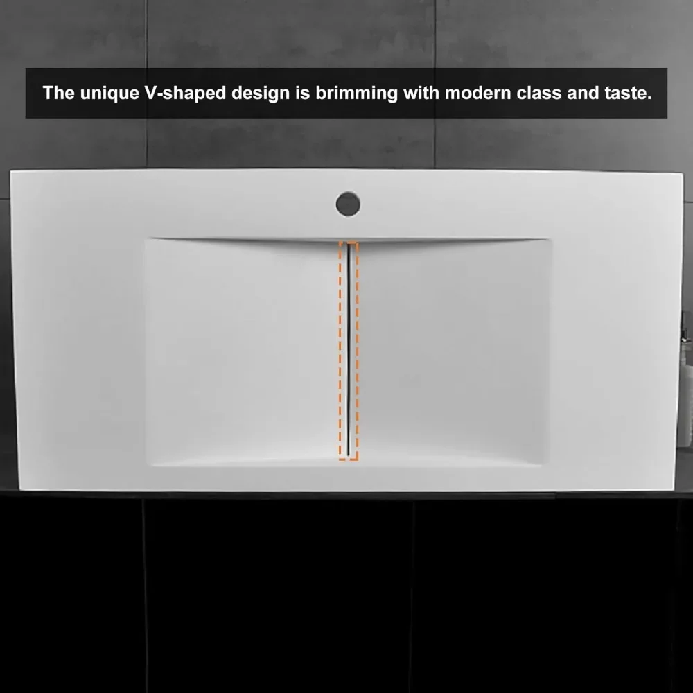 35'' Vessel Sink Wall-Mount Bathroom Sink V-Shaped Floating Sink Stone Resin in Matte White 6