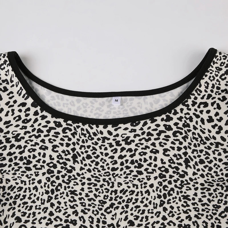 Contrast Binding Leopard Long Sleeve Tees O Neck Slim American Retro Casual Spring Autumn T Shirts
