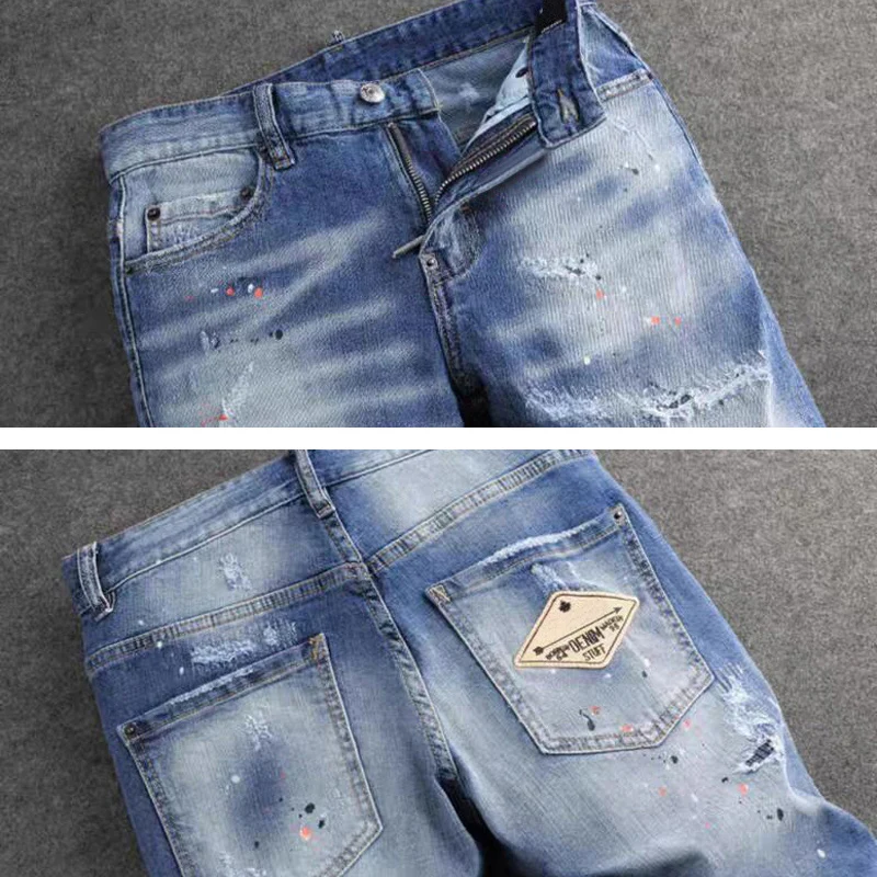 High Street Fashion Men's Elastic Tight Jeans Retro Blue Split Jeans Men's Designer Hip Hop Brand Pants