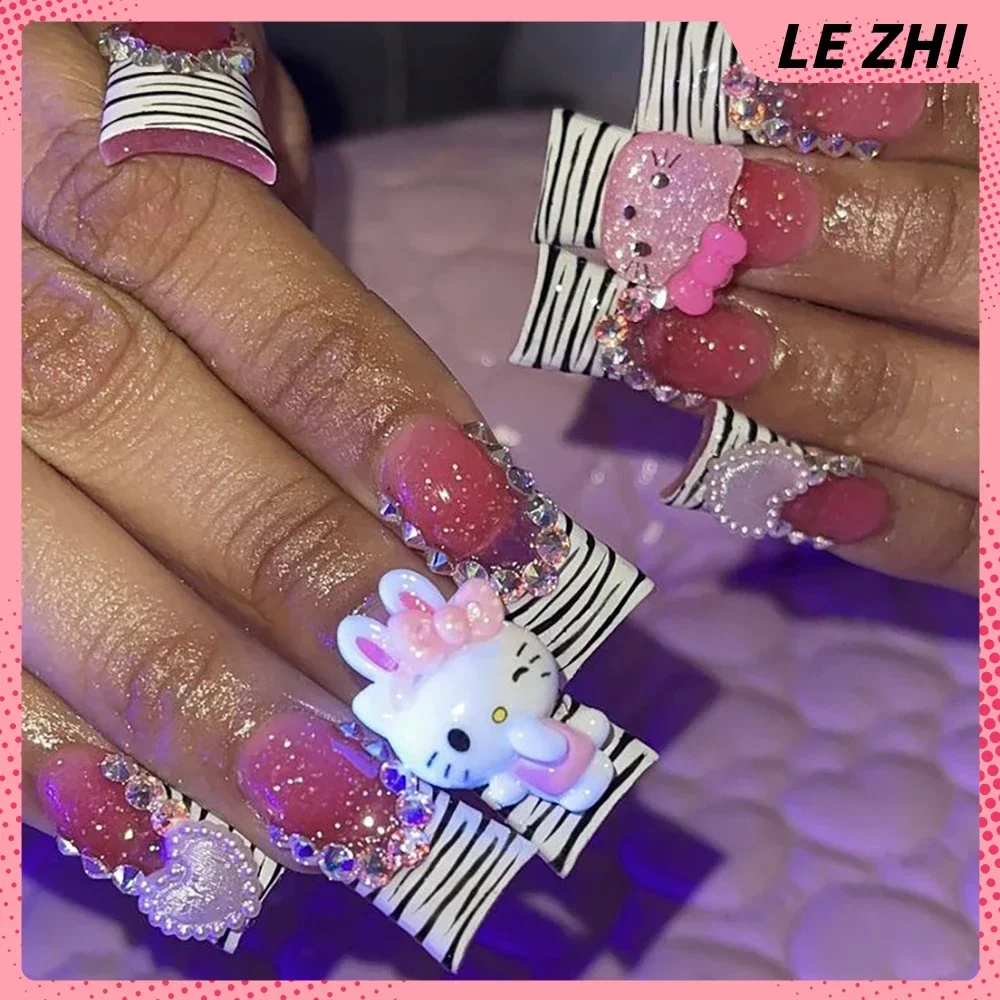 Hello Kitty Duck-Bill Shape Zebra-Stripe French Nails Euro-American Y2K  artificial adesivi per unghie finte di alta qualità - AliExpress, image size:1000x1000