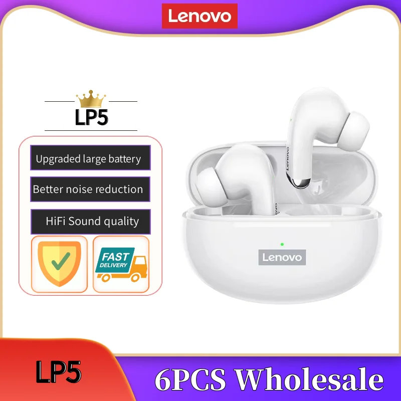 

6PCS Original Lenovo LP5 Wireless Bluetooth Earbuds Sports Waterproof Headset HiFi Music Earphone With Mic Headphones