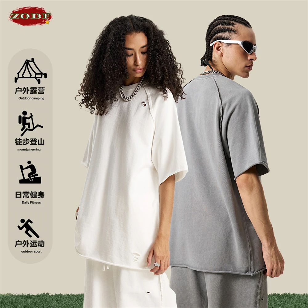 ZODF 2025 Men Summer Heavy Weight Washed 330gsm Cotton T-shirt Unisex High Street Distressed Holes Oversized T Shirts Tee HY0984 2