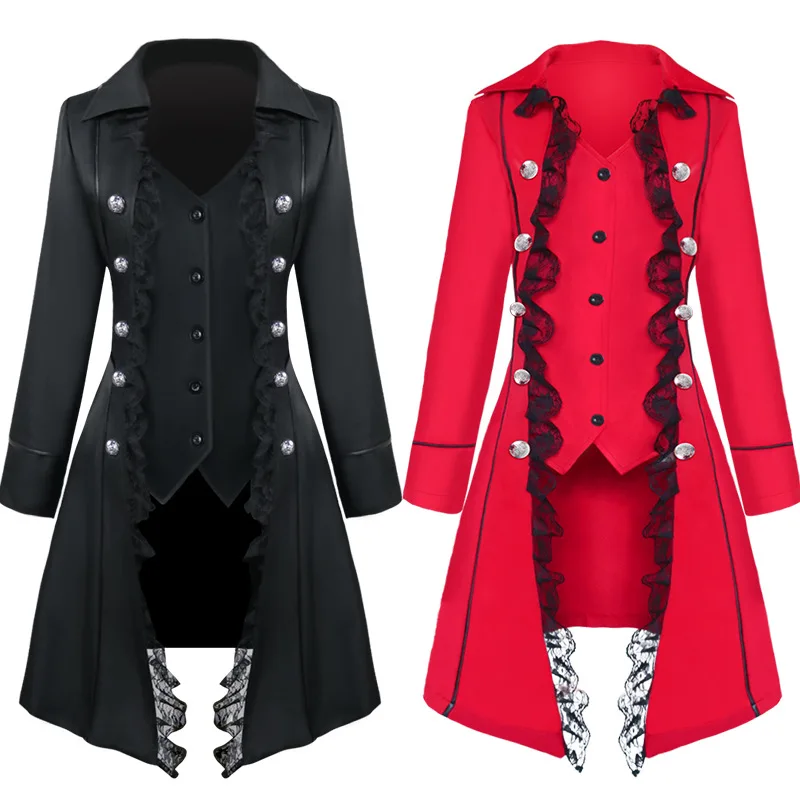 

Women Lace Trim Lace-up High Low Coat Medieval Steampunk Victorian Style Gothic Jacket Noble Court Retro Dress Halloween Costume