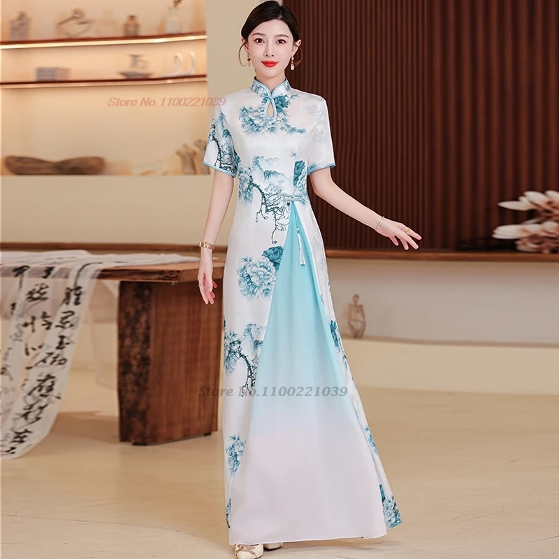 vietnam aodai dress traditional chinese improved qipao flower print cheongsam a-line dress banquet evening vestido