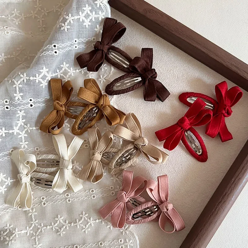 2pcs/set Baby Girls Bow Hair Clips Pink Beige Series Cotton Belt Bow for Children BB Clips Bangs Hairclips Side Hair Accessories