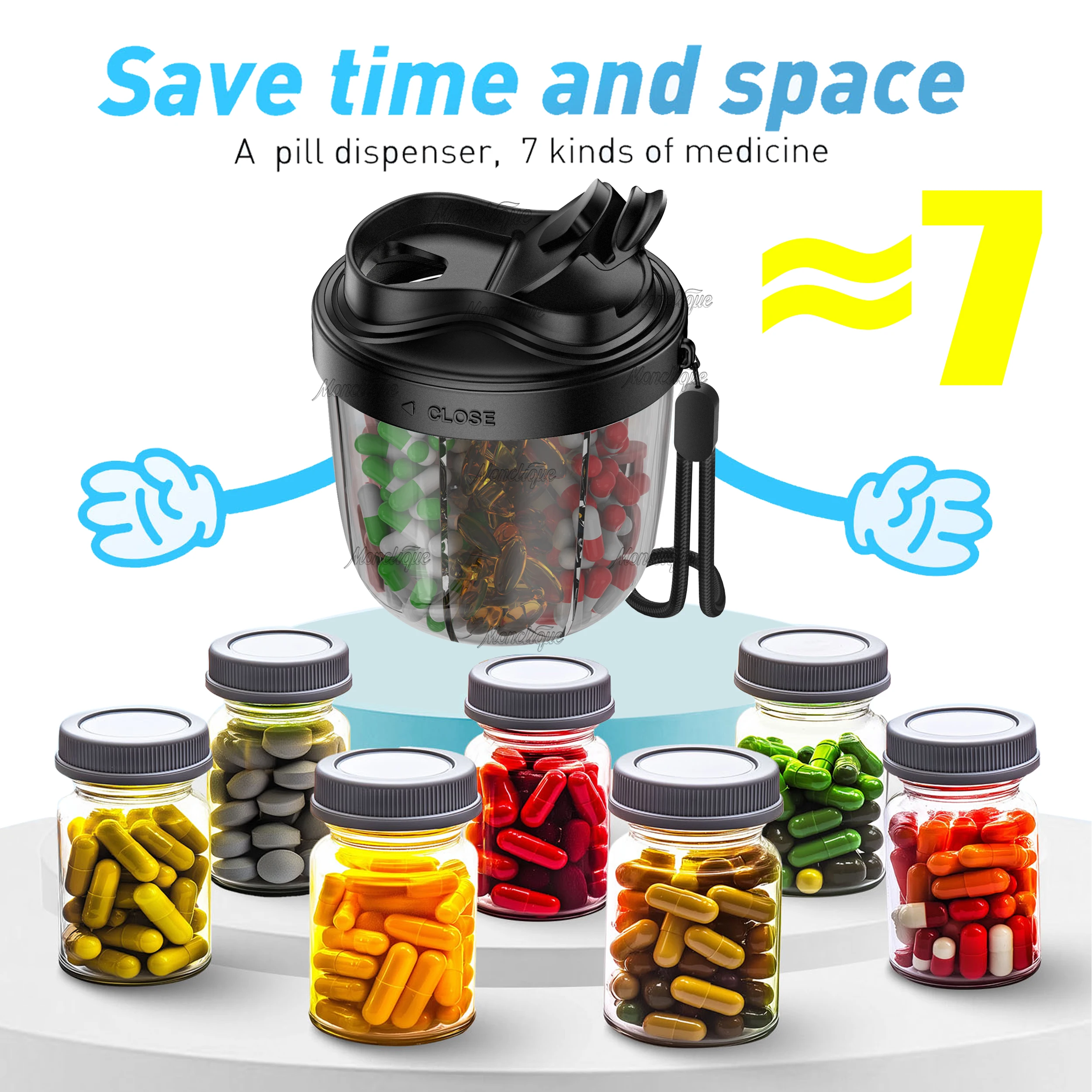 Large Capacity 7 Grids Pill Cup Bottle Organizer Supplement Organizer for 7 Various Vitamins Travel Pill Case Box Waterproof