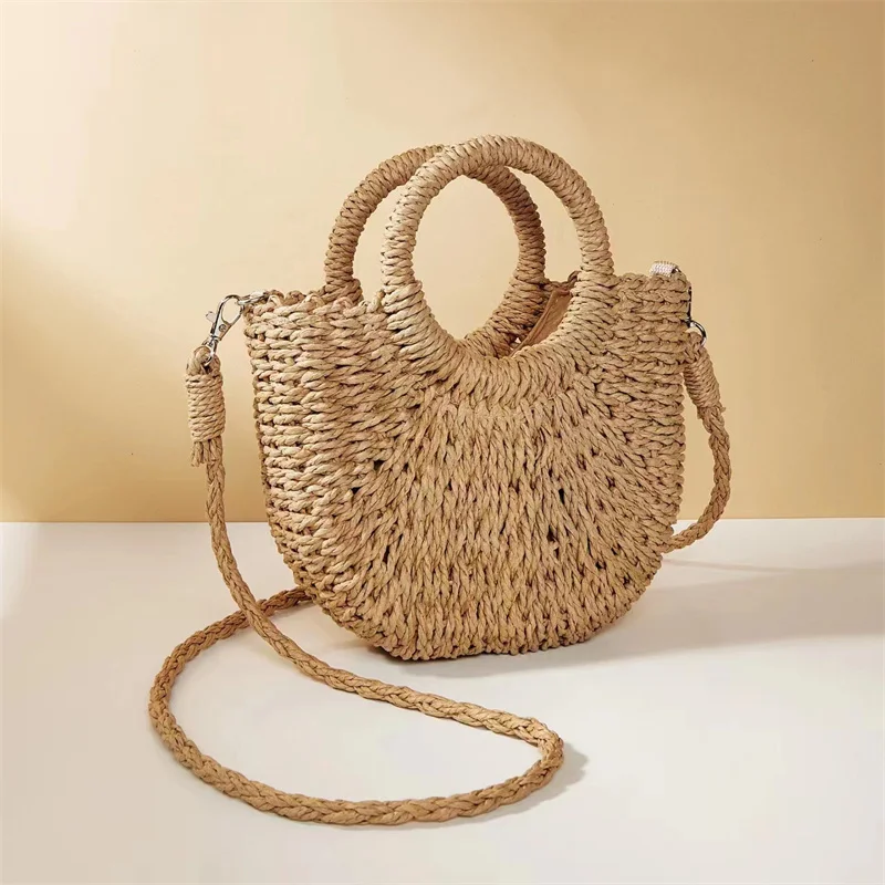 Summer Handmade Bags for Women Beach Weaving Ladies Straw Bag Wrapped Beach Bag Moon shaped Top Handle Handbags Totes