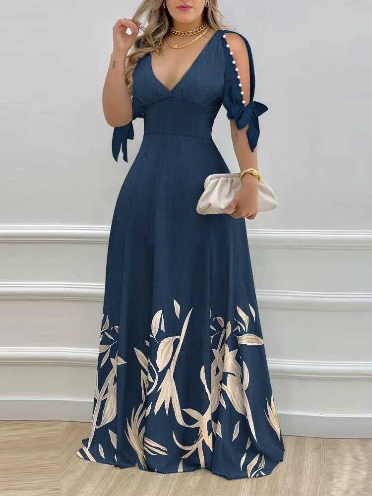 Elegante Damenkleider, Sommermode, geteilte Ärmel, Perlen, Dekor, Pflanzen, Druck, geteilte Ärmel, lässig, V-Ausschnitt, halbe Ärmel, Maxikleid