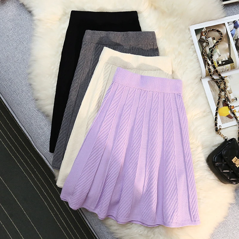 

Black Grey Purple Mini Knitted Pleated High-Waisted Women'S Spring Autumn Winter Skirts Korean Style Fashion 2022 Harajuku