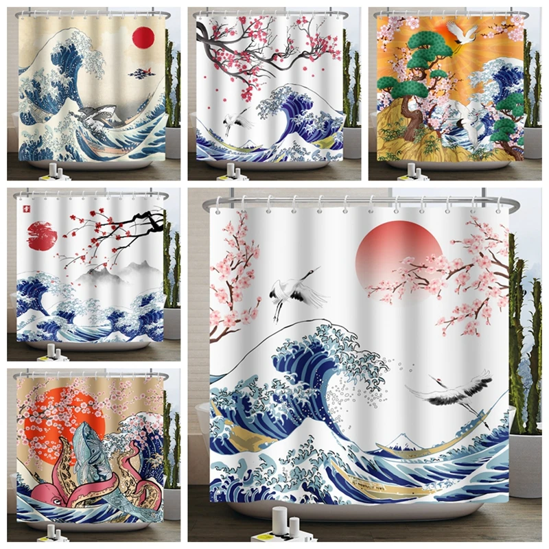 

Japanese Ukiyo-e Shower Curtain The Great Wave of Kanagawa Mount Fuji Cherry Waterproof Shower Curtain for Bathroom Bathtub Deco