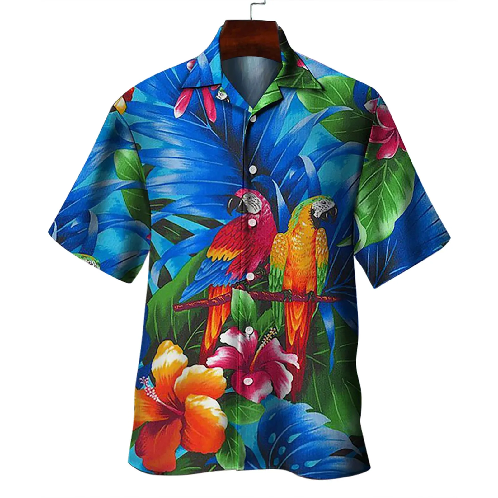 thumbnail image 1 of Camisa hawaiana de manga corta con estampado floral de loro en 3D de verano para hombre, blusa de moda con un solo pecho para hombre, 1 of 4