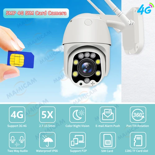 5MP 보안 보호 무선 4G SIM 카드 카메라, 야외 PTZ WIFI 비디오 감시 Onvif IR 나이트 비전 30M 2.5 인치 Camhi 2