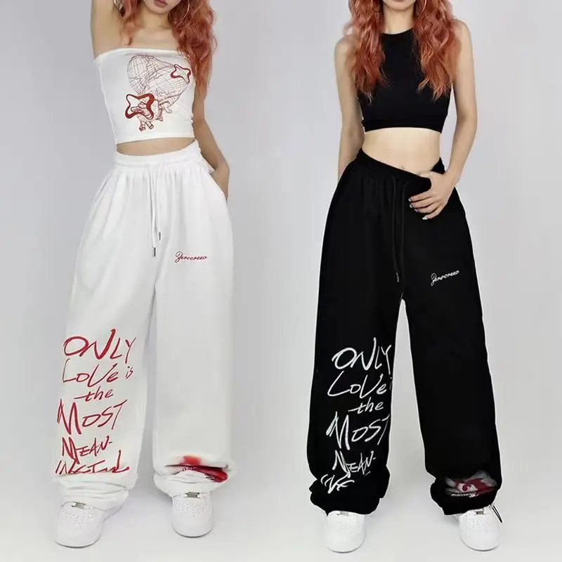 Black White Drawstring Design Sweatpants Women High Street Hip hop Wide Leg Pants Women New Summer