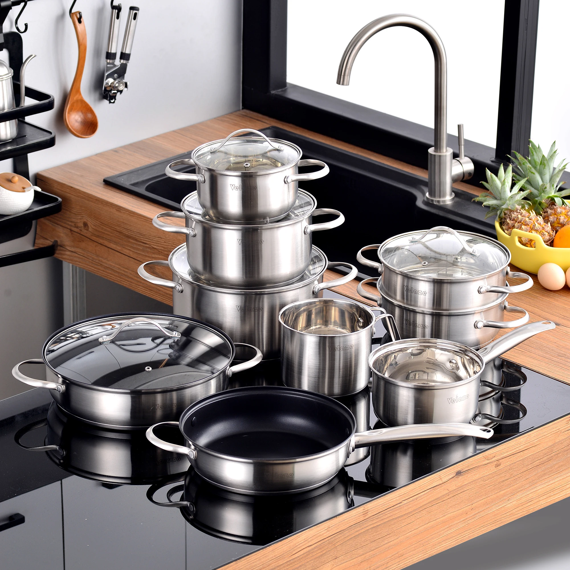 Stainless Steel Cookware Set 8/9/14 Piece Cooking Pot Pan Set Induction Safe Saucepan Casserole with Glass lid Non Stick